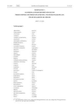 Reservelisten (1) Allgemeines Auswahlverfahren Epso/Ad/35/05 Übersetzerinnen Und Übersetzer (Funktions- Und Besoldungsgruppe Ad5) Für Die Bulgarische (Bg) Sprache