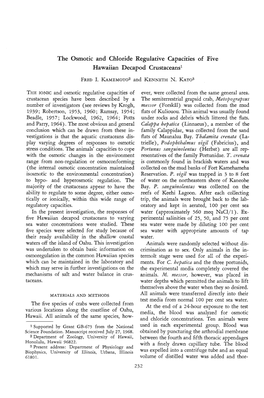 The Osmotic and Chloride Regulative Capacities of Five Hawaiian Decapod Crustaceansl