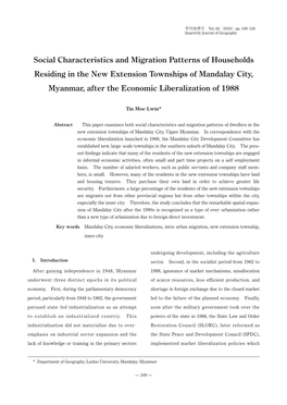 Social Characteristics and Migration Patterns of Households Residing in the New Extension Townships of Mandalay City, Myanmar, A