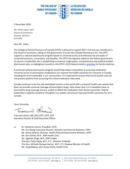 CFPC Letter of Support for Bill C-213, Introducing the Canada