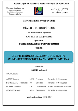 Mémoire De Fin D'études CONTRIBUTION AU DIAGNOSTIC