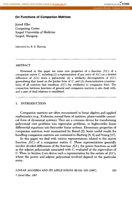 On Functions of Companion Matrices Computing Centre Szeged