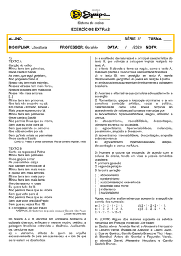 DISCIPLINA: Literatura PROFESSOR: Geraldo DATA: ___/___/2020 NOTA: ______