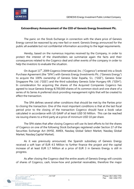 Extraordinary Announcement of the CEO of Genesis Energy Investment Plc