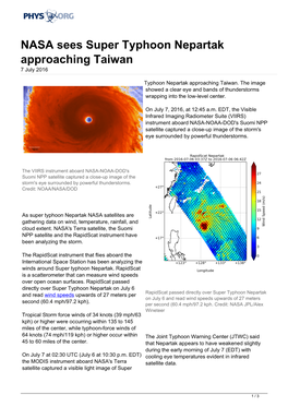 NASA Sees Super Typhoon Nepartak Approaching Taiwan 7 July 2016
