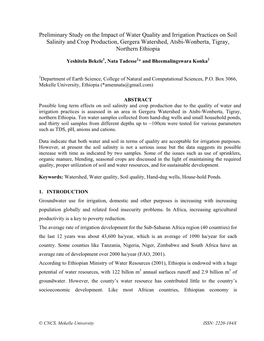 Preliminary Study on the Impact of Water Quality and Irrigation Practices on Soil Salinity and Crop Production, Gergera Watershe