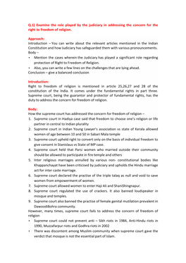 Q.1) Examine the Role Played by the Judiciary in Addressing the Concern for the Right to Freedom of Religion