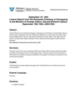 September 12, 1954 Liaison Report from the Romanian Embassy in Pyongyang to the Ministry of Foreign Affairs, Second Division Liaison, September 19Th 1954, 4262/1954