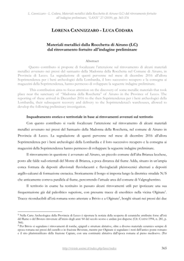 Materiali Metallici Dalla Rocchetta Di Airuno (LC) Dal Ritrovamento Fortuito All’Indagine Preliminare, “LANX” 27 (2019), Pp