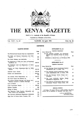 E KENYA GAZETTE Bubki4:1:D by Authority of the Republic of Kenya !P.~Gi~Tdas a Newspaper at the G.P.O.) L ------VQI