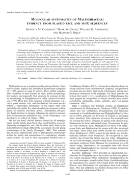 Molecular Systematics of Malpighiaceae: Evidence from Plastid Rbcl and Matk Sequences1