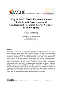 City in Fear”: Media Representations of Single Repeat Perpetrators and Gendered and Racialized Fear of Violence in Public Space