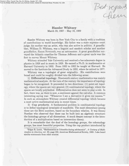 Hassler Whitney March 23, 1907 - May 10, 1989