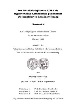 Das Metallbindeprotein HIPP3 Als Regulatorische Komponente Pflanzlicher Stressantworten Und Entwicklung