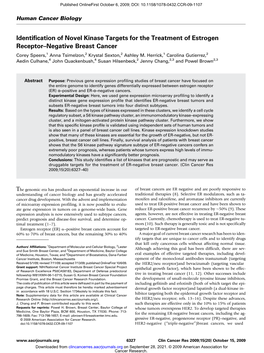 Identification of Novel Kinase Targets for the Treatment of Estrogen Receptor–Negative Breast Cancer Corey Speers,1 Anna Tsimelzon,2 Krystal Sexton,2 Ashley M