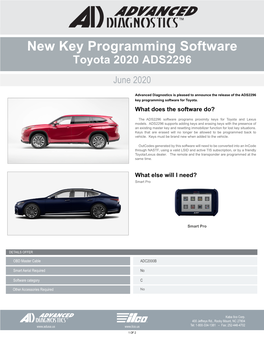 New Key Programming Software Toyota 2020 ADS2296 June 2020