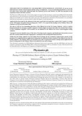 Admission Document Drawn up in Accordance with the AIM Rules and Does Not Comprise a Prospectus Under the Public O¡Ers of Securities Regulations 1995 (As Amended)