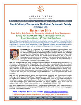 Rajashree Birla Chair, Aditya Birla Centre for Community Initiatives & Rural Development Sunday, April 27, 2008, 2:00-3:30 P.M