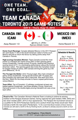 TEAM CANADA TORONTO 2015 GAME NOTES DAY 6 - Thurs