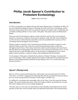 Phillip Jacob Spener's Contribution to Protestant Ecclesiology