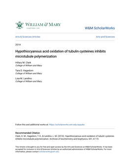 Hypothiocyanous Acid Oxidation of Tubulin Cysteines Inhibits Microtubule Polymerization