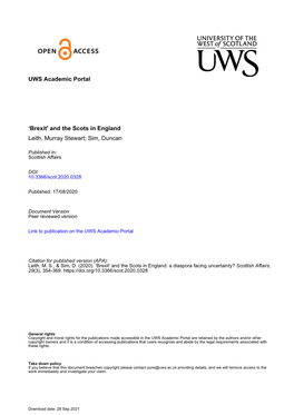 'Brexit' and the Scots in England Leith, Murray Stewart; Sim, Duncan