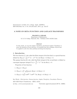 A Note on Beta Function and Laplace Transform -..:: Ascent Journals