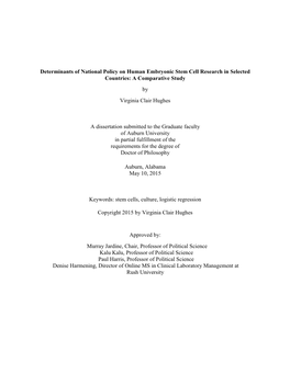 Determinants of National Policy on Human Embryonic Stem Cell Research in Selected Countries: a Comparative Study by Virginia Clair Hughes