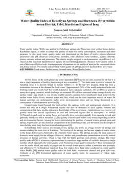 Water Quality Index of Delizhiyan Springs and Shawrawa River Within Soran District, Erbil, Kurdistan Region of Iraq