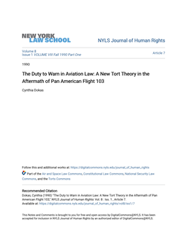 The Duty to Warn in Aviation Law: a New Tort Theory in the Aftermath of Pan American Flight 103