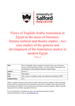 Flows of English-Arabic Translation in Egypt in the Areas of Literature, Literary/Cultural and Theatre Studies