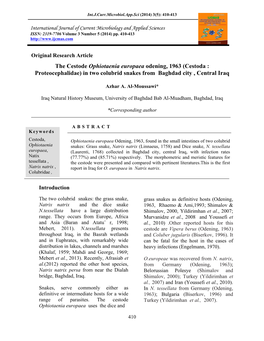 The Cestode Ophiotaenia Europaea Odening, 1963 (Cestoda : Proteocephalidae) in Two Colubrid Snakes from Baghdad City , Central Iraq