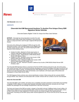 Chevrolet and GM Sponsored Auctions to Auction Five Unique Chevy SSR Signature Series Vehicles