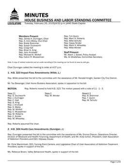 MINUTES HOUSE BUSINESS and LABOR STANDING COMMITTEE Tuesday, February 26, 2019|4:00 P.M.|445 State Capitol