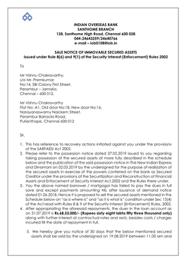 INDIAN OVERSEAS BANK SANTHOME BRANCH 128, Santhome High Road, Chennai 600 028 044-24643259/24640766 E-Mail – Iob0108@Iob.In SA