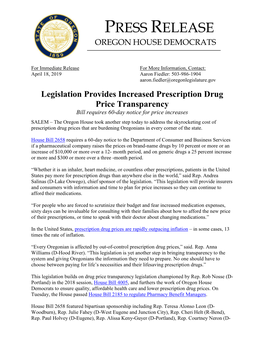 PRESS RELEASE Legislation Provides Increased Prescription