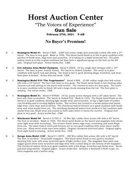 Horst Auction Center “The Voices of Experience” Gun Sale February 27Th, 2021 9 AM