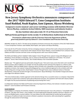 New Jersey Symphony Orchestra Announces Composers of the 2017 NJSO Edward T. Cone Composition Institute: Saad Haddad, Noah Kapl