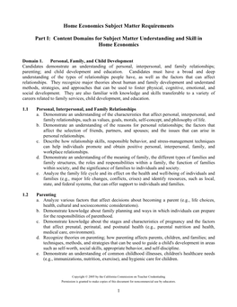 Home Economics Subject Matter Requirements