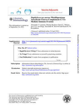 Mediate Immune Evasion Aureolysin Cleaves Complement C3 To