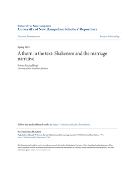 Shakerism and the Marriage Narrative Robert Michael Pugh University of New Hampshire, Durham