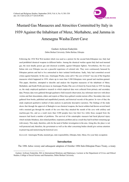 Mustard Gas Massacres and Atrocities Committed by Italy in 1939 Against the Inhabitant of Menz, Merhabete, and Jamma in Amesegna Washa/Zeret Cave