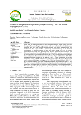 Synthesis of Phosphorylated Sugar Palm (Aren) Starch Using Low Level Sodium Tripolyphosphate (STPP)