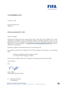 TO the MEMBERS of FIFA Circular No. 1509 Zurich, November 2015