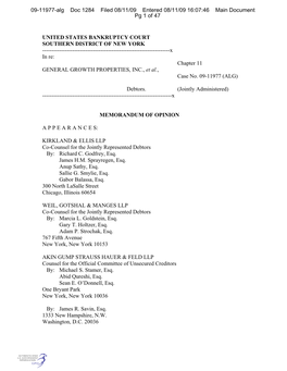 UNITED STATES BANKRUPTCY COURT SOUTHERN DISTRICT of NEW YORK ------X in Re: Chapter 11 GENERAL GROWTH PROPERTIES, INC., Et Al., Case No