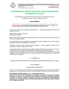 Ley Orgánica Del Poder Judicial Del Estado De Veracruz De Ignacio De La Llave H