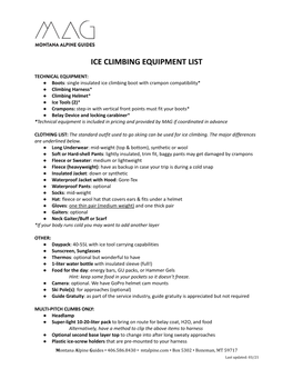 Ice Climbing Equipment List