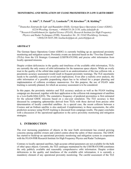 MONITORING and MITIGATION of CLOSE PROXIMITIES in LOW EARTH ORBIT S. Aida(1)