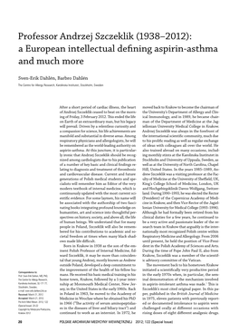 Professor Andrzej Szczeklik (1938–2012): a European Intellectual Defining Aspirin‑Asthma and Much More