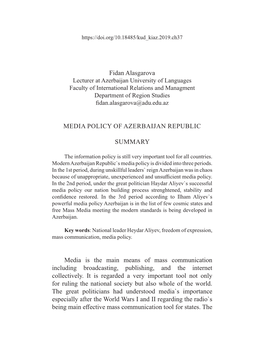 Fidan Alasgarova MEDIA POLICY of AZERBAIJAN REPUBLIC